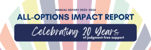 Image description: Text-based graphic. Text reads Annual Report 2023-2024. All-Options Impact Report. Celebrating 20 Years of judgment-free support. Text is overlaid on a faded image of the fan icon from the All-Options logo.